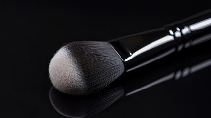 Obraz premium A high-definition close-up of a makeup brush with soft, fine powder, set against a sleek black background, perfect for cosmetic brand advertising.