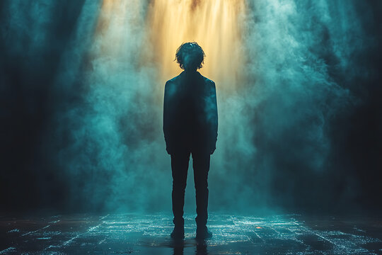 A silhouette of a person in a dark room surrounded by floating photos, capturing a flashback of memories with a nostalgic and cinematic atmosphere.
