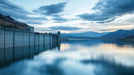 A serene reservoir with calm water reflecting the sky, with a dam structure in the distance and mountains on the horizon