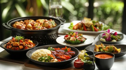 Fototapeta premium A vibrant selection of popular dishes from various countries, showcasing diverse culinary delights from around the world on a beautifully styled table.