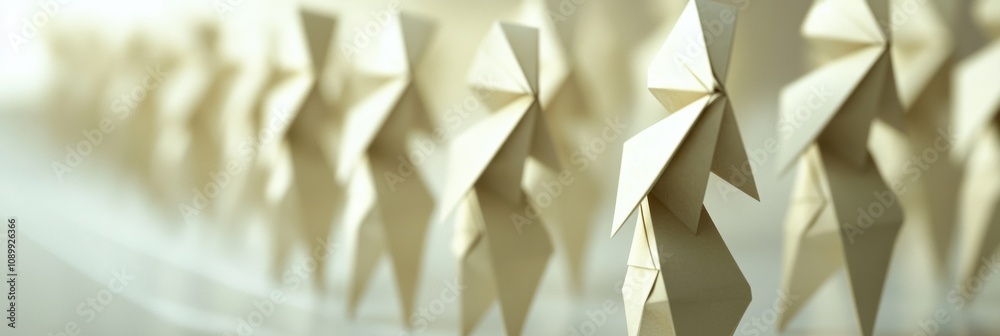 Poster delicate paper sculptures are arranged in a mesmerizing pattern, illuminated by soft natural light i