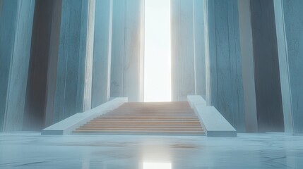 Obraz premium Ethereal Interior of a Grand Hallway with Steps Leading to a Radiant Light Source, Capturing a Sense of Mystery and Vastness in Architectural Design