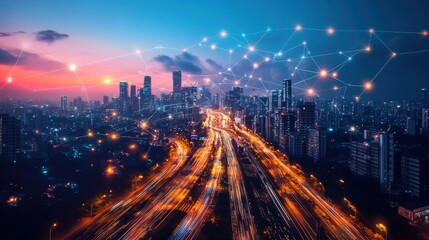 Nighttime Cityscape with Interconnected Network and Light Trails