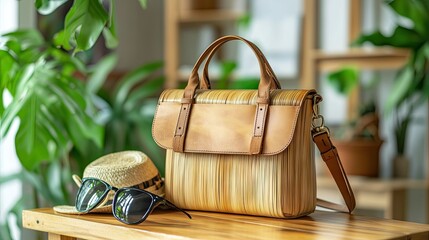 Stylish and Sustainable Handbag with Natural Straw Texture, Leather Straps, Sunglasses, and Sun Hat on Wooden Table Surrounded by Lush Green Plants