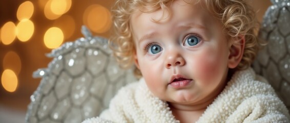 Charming baby with curly hair and blue eyes, dressed as an angel, surrounded by warm, glowing lights. Captures innocence and wonder in a festive, cozy atmosphere perfect for holiday themes.

