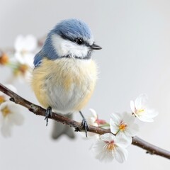 Fototapeta premium A fluffy blue tit perched delicately on a blossoming branch a serene spring scene.