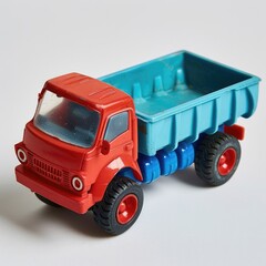 Naklejka premium small red and blue plastic childrens toy truck on a white background
