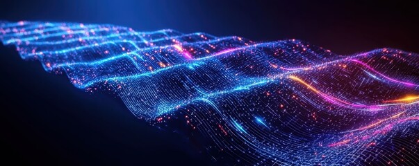 Naklejka premium AI Investment Disruption Concept. A mesmerizing visualization of vibrant waves of light, showcasing dynamic patterns in blue and pink against a dark background.