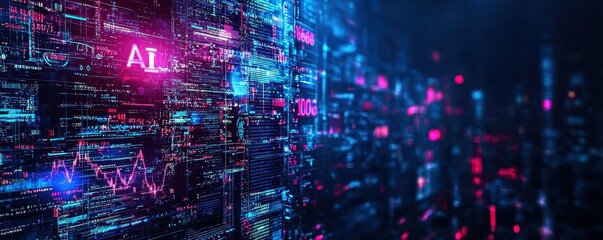 Obraz premium AI Investment Disruption Concept. A vibrant digital landscape featuring glowing data streams and the letters 