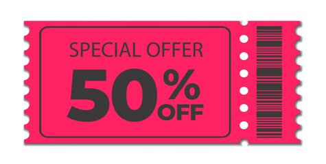 50 Off Sale Voucher . Discount Coupon Ticket. Coupon for web design. Isolated Tag label on transparent background, Sale discount coupon. Pink Vector gift voucher vector icon