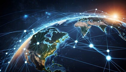 Digital photographic illustration of planet earth global communication network or connected data streams shining. Reach of modern technology.
