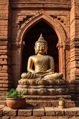 Buddhist temple in the Bagan Valley, copy space for text, ai