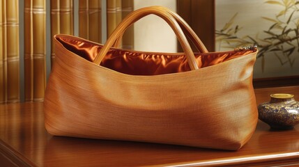 Elegant and Stylish Brown Handbag with Smooth Texture on Wooden Table Surrounded by Asian-Inspired Decorative Elements and Warm Lighting