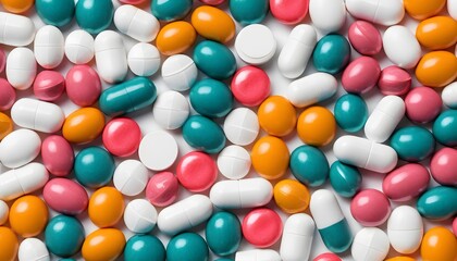 background photo of colorful capsules and round medicines. The capsules are arranged randomly, health, vitamins