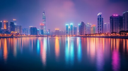 Obraz premium Night cityscape reflected in calm water.