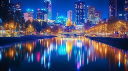 Fototapeta premium Night cityscape reflected in calm water. (1)