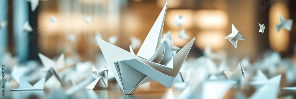 Poster delicate paper boats and stars drift around in a tranquil indoor space illuminated by soft, warm lig