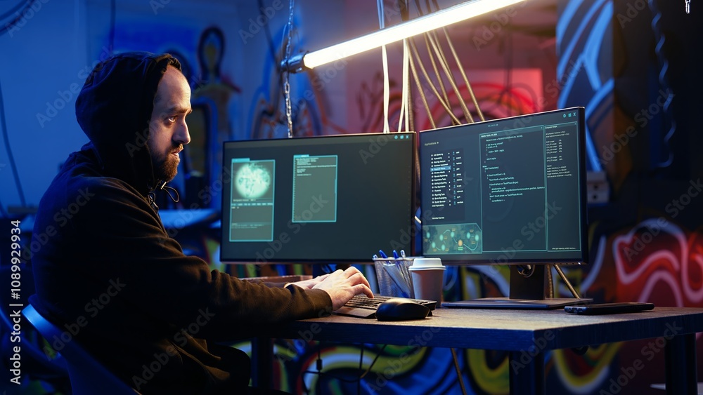 Aufkleber hooded hacker running code in graffiti painted basement, looking to find exploits for system vulnera