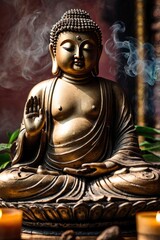 Fototapeta premium Buddha image with incense, ai