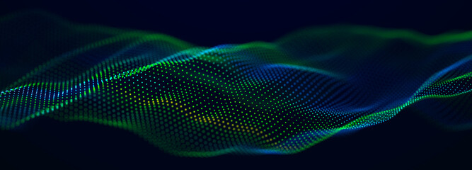 Wave of streaming particles on a light blue background. Abstract background with dynamic elements of waves and dots. 3d