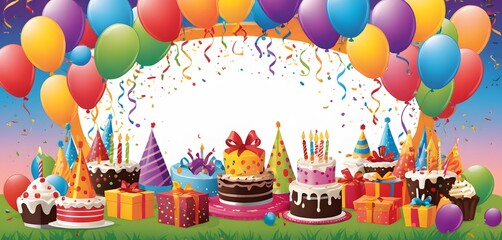 birthday background photo, cake and candles, colorful gifts, colorful balloons on top