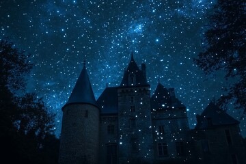 Obraz premium A mysterious castle silhouette under a starry night sky. Fantasy atmosphere, medieval architecture depicting mystery and enchantment