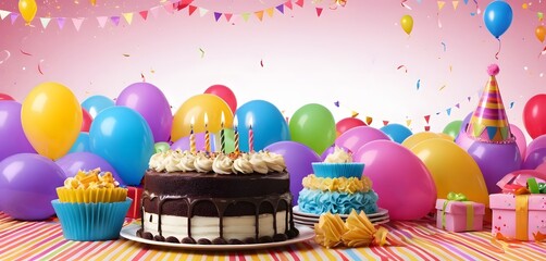 birthday background photo, cake and candles, colorful gifts, colorful balloons on top