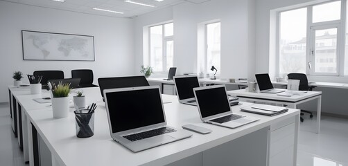 Minimalist office space photo, laptops are placed on each table. White walls, floors, and tables.