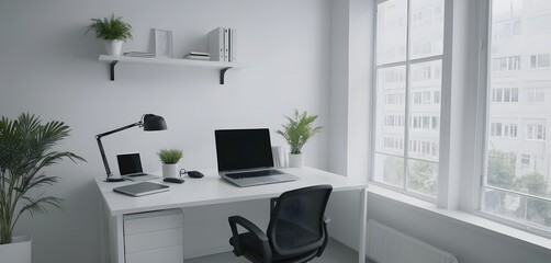 Minimalist office space photo, laptops are placed on each table. White walls, floors, and tables.