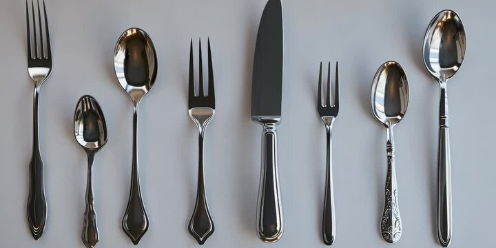 Polished silverware set, white background, 4K Video