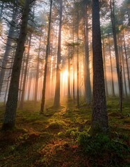 Obraz premium Sunbeams gently filtering through the trees in a forest, creating a magical play of light and shadows on the forest floor. A peaceful and serene natural scene.