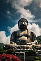 Fototapeta premium The Tian Tan Buddha in Hong Kong in a dramatic sky background, ai