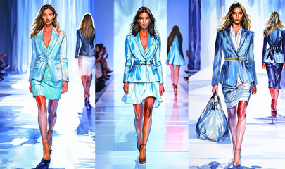 Fototapeta premium Fashion show, models walk the catwalk, showing off new skirt suits from the spring-summer collection, drawing