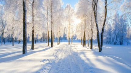 Obraz premium A Snowy Path Through a Sun-Drenched Winter Forest
