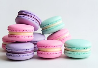 Obraz premium Capture an arrangement of colorful macarons in soft pastel shades like pink, lavender, and mint.