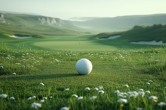  Golf ball on lush green fairway with distant flagstick during peaceful morning, ideal for promoting outdoor sports.