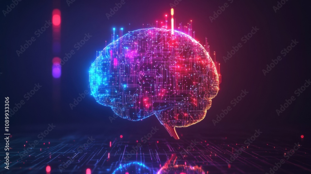 Leinwandbilder An abstract digital brain is represented with vibrant neon colors and complex patterns, highlighting the intersection of technology and intelligence. Generative AI