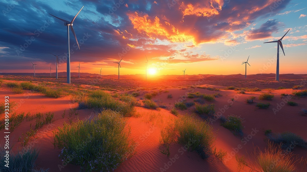Aufkleber the sun sets dramatically over a desert, casting a warm glow while wind turbines stand tall against 