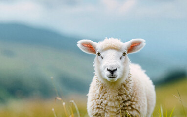Fototapeta premium Close-up photo of a sheep on a flower field with a blurred background
