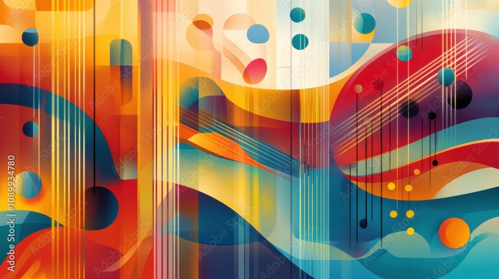 Poster colorful abstract art depicting sound waves, musical notes, and various instruments creates a lively