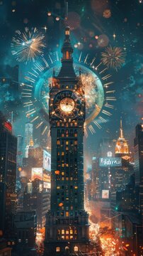 A tall clock tower with a large moon behind it, illuminated by fireworks exploding in the night sky over a cityscape.