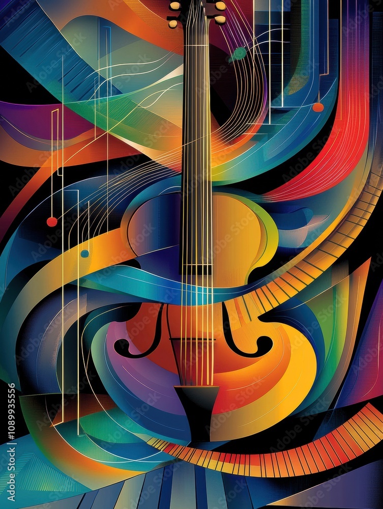 Fototapete Colorful swirls and musical notes merge to create a dynamic representation of sound waves and instruments, evoking rhythm and energy. Generative AI