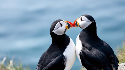 Naklejka premium Couple of Kissing Puffin Birds Create a Romantic Scene by the Ocean. Generative AI