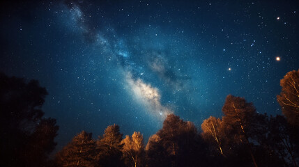 Fototapeta premium A breathtaking view of the Milky Way galaxy illuminates the night sky above towering trees, creating a tranquil atmosphere - Generative AI