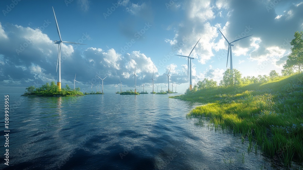 Aufkleber wind turbines stand tall along the edge of a serene lake, reflecting the sky and generating clean en