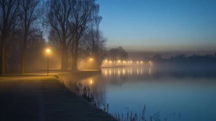 Misty dawn by tranquil canal, illuminated path.