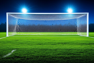 A Stunning Nighttime Soccer Field Scene Featuring a Brightly Lit Goal Surrounded by Lush Green Grass Under a Starry Sky