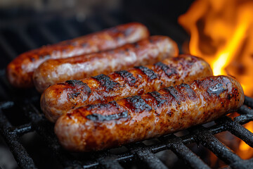 Grilled sausages on grill with fire.