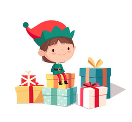 Cute Christmas elf boy sitting on Christmas gifts decorated with bows. Happy cute little boy in green elf costumes and pile of gifts