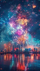 Obraz premium Colorful fireworks display over a city skyline reflected in a calm body of water.